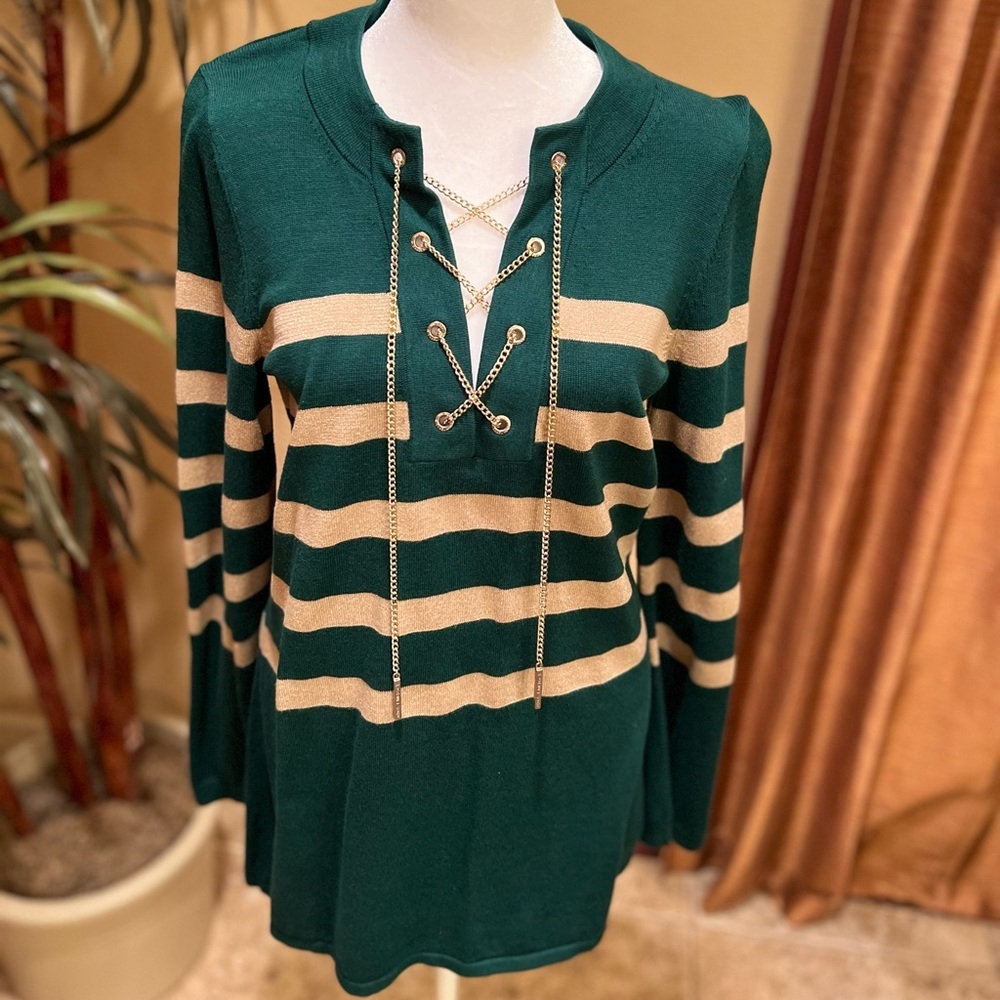 MICHAEL KORS -Sweater hunter green and metallic gold with gold metal chain, M